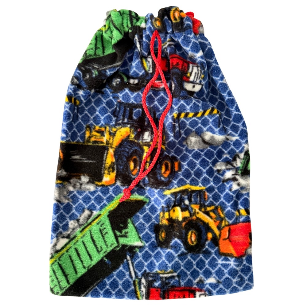 Handmade Fleece Construction Vehicle Drawstring Bag Blue Truck Print Pouch 15x10